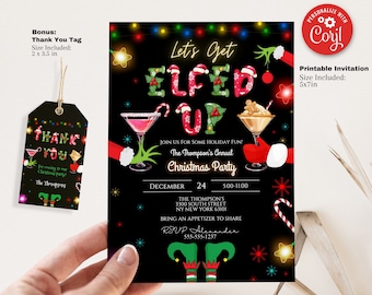 Let&#39;s Get Elfed up invitation Template - Holiday Invite Instant Digital Download Printable Invite and Thank You Tag