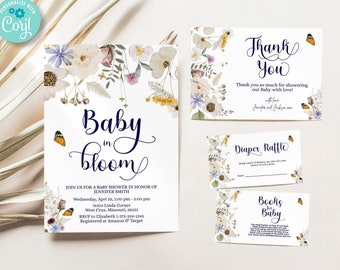 Bundle modifiable d'invitations bébé en fleurs, invitation florale de baby shower, invitation de baby shower de bébé en fleurs, invitation de baby shower de fleurs sauvages