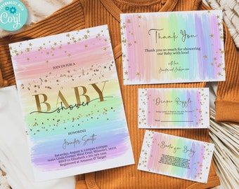 Editable Rainbow Baby Shower Invitation Template BUNDLE, rainbow baby shower invite, Books, Diaper Raffle, Thank You,  Printable BIB322