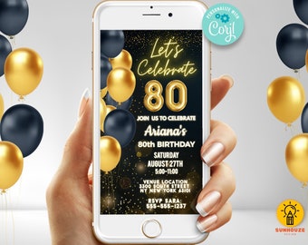80th Birthday Invitation Template | Digital Invitation Black Gold Balloons Evite | Digital Instant Download Editable Invite