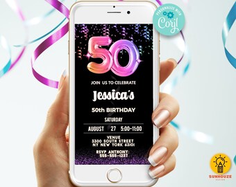 50th Birthday Invitation Template | Digital Invitation Rainbow Balloons Evite | Digital Instant Download Editable Invite