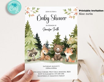Editable Woodland Baby Shower Invitation Template - Editable Template - Printable Invitation, forest baby shower BIB346
