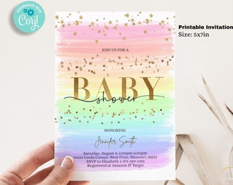 Bewerkbare sjabloon 5 x 7 uitnodiging babyshower regenboog, uitnodiging regenboog babyshower, afdrukbare BIB322
