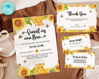 Editable Sweet as can Bee Baby Shower Invitation BUNDLE incl. Printable Invitation 5x7, Thank You Card, Diaper Raffle, Books for Baby BIB262