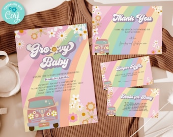 Editable Groovy Baby Shower Invitation Template, Shower Bundle, 70s theme baby shower invitations, hippie baby shower, Printable