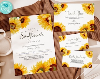 Editable Sunflower Baby Shower Invitation 5x7 incl. Printable Invitation 5x7, Thank You Card, Diaper Raffle, Books for Baby BIB223