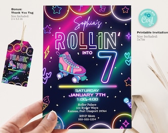 7th Birthday Roller Skating Invitation Template Evite | Neon Glow Roller-skate Party | 5x7 Instant Digital Editable Download