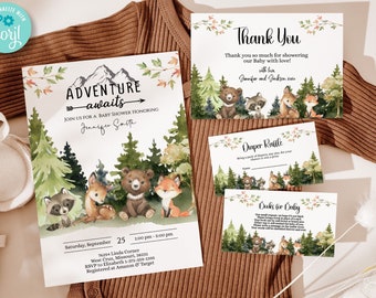 Editable Woodland Baby Shower Invitation Template Bundle, Adventure Awaits baby shower invitations, forest baby shower, Printable BIB349