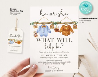 Gender Reveal uitnodigingssjabloon - hij of zij uitnodigingssjabloon - boho gender reveal, babykleding afdrukbare 5 x 7 uitnodiging