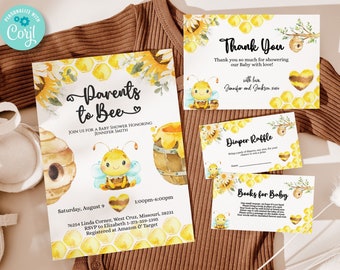 Parents to Bee Baby Shower Invitation Bundle incl. Printable Invitation 5x7, Thank You Card, Diaper Raffle, Books for Baby BIB267