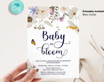 Editable Baby in Bloom Invitation, floral baby shower invitation, baby in bloom baby shower invite, wildflower baby shower invitation