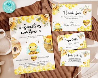 Editable Sweet as can Bee Baby Shower Invitation Bundle incl. Printable Invitation 5x7, Thank You Card, Diaper Raffle, Books for Baby BIB267