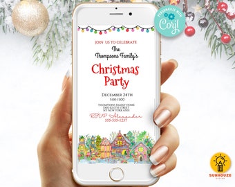 May include: A digital invitation for a Christmas party. The invitation features a festive illustration of a snowy village with colorful houses and a string of lights. The text reads "Join us to celebrate The Thompsons Family's Christmas Party December 24th 5:00-11:00 Thompsons Family Home 3300 South Street NY New York 63101 RSVP Alexander 555-555-1237".