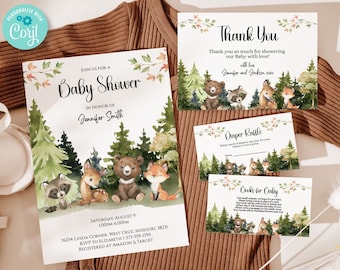 Editable Woodland Baby Shower Invitation Template Bundle, woodland baby shower invitations, forest baby shower, Printable BIB346