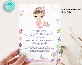 Editable Mermaid Baby Shower Invitation Template 5x7, Mermaid Baby Shower Printable Invitation BIB259