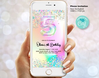 Editable 5th Birthday Invitation Template, Glitter Iridescent invitation. Holographic Invitation, rainbow evite