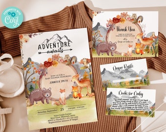 Editable Woodland Baby Shower Invitation Template Bundle, Adventure Awaits baby shower invitations, forest baby shower, Printable