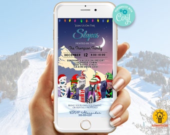 Snowboard-Einladungsvorlage, Ski-Party einladen, Begleiten Sie uns auf den Pisten - Digitale Einladung für Telefon - Herunterladbares bearbeitbares Evite