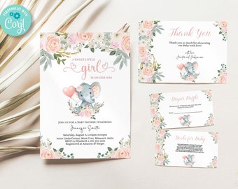 Editable Elephant Baby Shower Invitation Girl Template Bundle, elephant Girl baby shower invitation, its a Girl, Printable BIB357