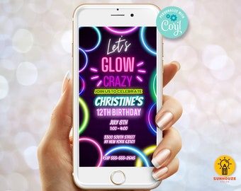 Let's Glow Crazy Birthday Phone Invitation Template | Instant Digital Download Editable Evite