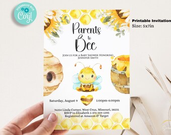 May include: Printable baby shower invitation with a bee and honeycomb design. The invitation is yellow, white, and brown with the text "Parents to Bee" and "Join us for a baby shower honoring Jennifer Smith".