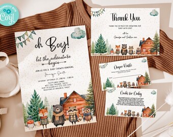 Editable Woodland Baby Shower Invitation Template Bundle, Adventure Awaits baby shower invitations, forest baby shower Pintable invite