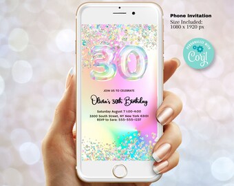 Editable 30th Birthday Invitation Template, Glitter Iridescent invitation. Holographic Invitation, rainbow evite