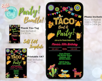 May include: A digital phone invitation for a Taco Bout a Party. The invitation is black with colorful accents and features a taco, a cactus, a margarita, and a pinata. The text on the invitation reads "Taco Bout a Party!" and "Join us for Fiesta Celebrating Maria's 30th Birthday". The date and time of the party are listed as "Sat July 10th 1:00-4:00".