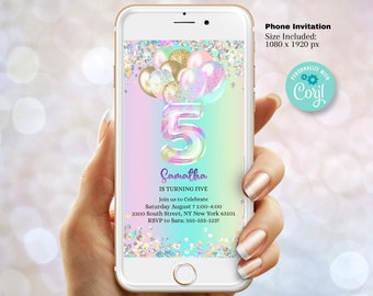 May include: A digital phone screen mockup with a birthday invitation for a girl turning five. The invitation features a rainbow background with a large number five, balloons, and glitter. The text reads "Samantha is turning five, join us to celebrate, Saturday August 7 1:00-4:00, 3300 South Street, NY New York 63101, RSVP to Sara: 555-555-1237".