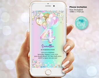 May include: A digital phone screen displaying a birthday invitation for a girl turning four. The invitation features a holographic number four with rainbow and pink balloons. The text reads "Samatha is turning four, join us to celebrate Saturday August 7 1:00-4:00, 3300 South Street, NY New York 63101, RSVP to Sara: 555-555-1237".
