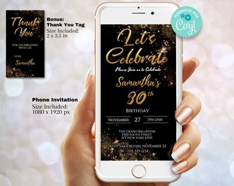 30th Birthday Invitation Template | Digital Invitation Black Gold Glitter Evite | Digital Instant Download Editable Invite