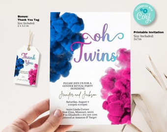 Twins Gender Reveal Invitation Template - Gender Reveal Invitation Template - Pink Blue Smoke Printable 5x7 Invitation