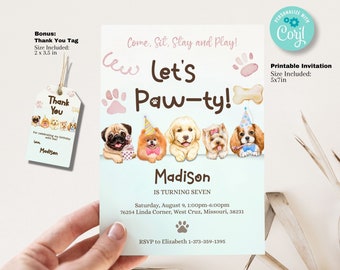 Editable Dog Birthday Invitation Template, dog birthday party, Paw-ty birthday invitation, dog party invitation, Printable Corjl Invitation