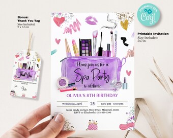 May include: Printable invitation for a spa party to celebrate an 8th birthday. The invitation features a purple makeup bag with makeup brushes, lipstick, and eyeshadow palettes. The text "Please join us for a Spa Party to celebrate Olivia's 8th Birthday" is printed on the invitation. The invitation is 5x7 inches.
