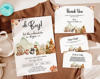 Editable Woodland Baby Shower Invitation Template Bundle, Adventure Awaits baby shower invitations, forest baby shower, Printable