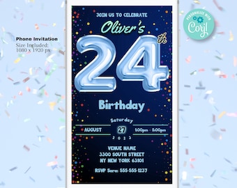 24th Birthday Invitation Template - Editable Template Digital Evite | Boys Blue Balloon Twenty Four Birthday Digital Evite