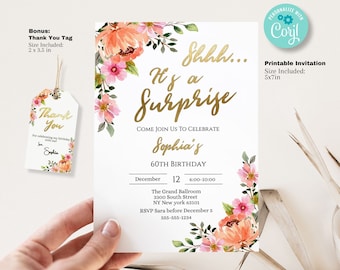 Surprise Birthday Invitation Editable Template - Shhh it's a Surprise Birthday invite Any Age - Floral Invitation -  Editable printable 5x7