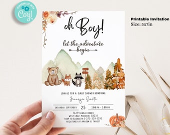Editable Woodland Baby Shower Invitation Template Bundle, Adventure Awaits baby shower invitations, forest baby shower, Printable 5x7