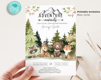 Editable Woodland Baby Shower Invitation Template 5x7, Adventure Awaits baby shower invitations, forest baby shower, Printable BIB349