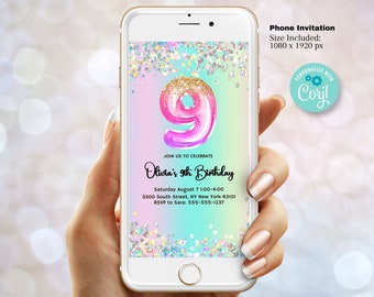 Editable 9th Birthday Invitation Template, Pink Balloon Glitter Iridescent invitation. Holographic Invitation, rainbow evite