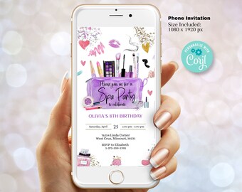 May include: A purple and gold phone invitation for a spa party to celebrate Olivia's 8th birthday. The invitation features a makeup bag with makeup brushes and lipstick. The text reads "Please join us for a Spa Party to celebrate Olivia's 8th Birthday".