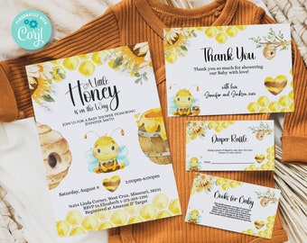 Inbjudningspaket till babyshower med lilla honung på vägen, bi, inkl. utskrivbar inbjudan 5x7, tackkort, blöjlotteri, böcker för bebisen