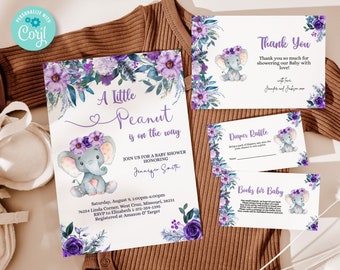 Editable Elephant Baby Shower Invitation Template Bundle, a little peanut baby shower invitation, its a Girl, Printable BIB359