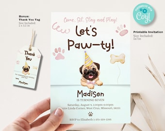 Editable Pug Birthday Party Invitation Template, Dog Birthday Party, Paw-ty Birthday Invitation, Printable Corjl Invitation