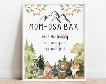 Mom-osa Bar Sign Woodland Baby Shower Mimosa Bar Sign  - Adventure Awaits Baby Shower signs - printable Instant download BIB349