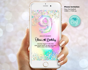 May include: A digital phone screen mockup showing a birthday invitation for a 9th birthday party. The invitation has a rainbow background with glitter and a large number 9. The text on the invitation reads "Olivia's 9th Birthday" and includes the date, time, location, and RSVP information.