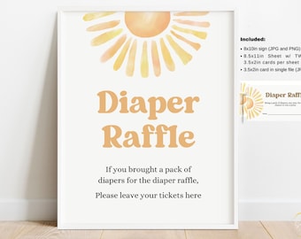 Retro Sun Baby Shower Diaper Raffle Sign - Sunshine Baby Shower games - printable Instant download  With raffle cards BIB274