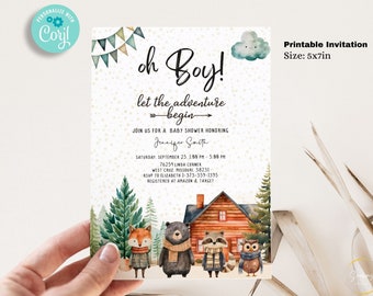 Editable Woodland Baby Shower Invitation Template Bundle, Adventure Awaits baby shower invitations, forest baby shower Pintable invite