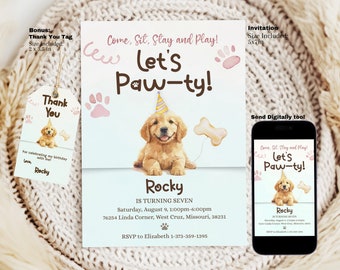 Può includere: Modello di invito modificabile per una festa di compleanno a tema cani. L'invito presenta un adorabile cucciolo golden retriever che indossa un cappello da festa e tiene un osso. Il testo sull'invito recita "Come, Sit, Stay and Play! Let's Paw-ty!" e include il nome del festeggiato, l'età, la data, l'ora e il luogo. L'invito include anche un'etichetta di ringraziamento con un'illustrazione di cucciolo e il testo "Thank You".