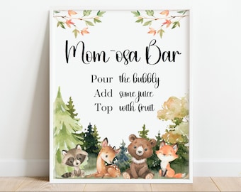 Mom-osa Bar Sign Woodland Baby Shower Mimosa Bar Sign  - Greenery Baby Shower signs - printable Instant download BIB346